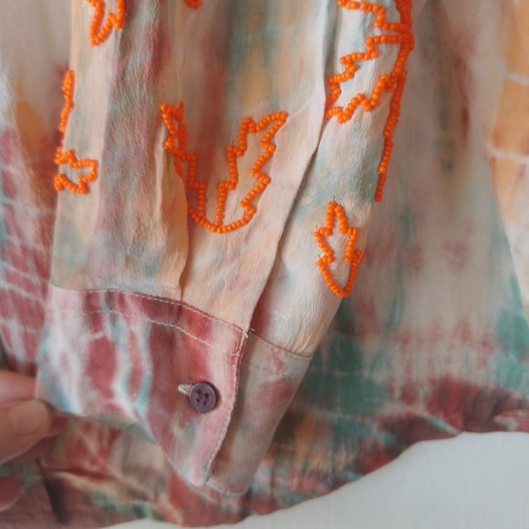 Sandro Paris Goa Embellished Silk Long Sleeve Tie-Dye Beaded Shirt SZ 2 US M - Picture 7 of 16